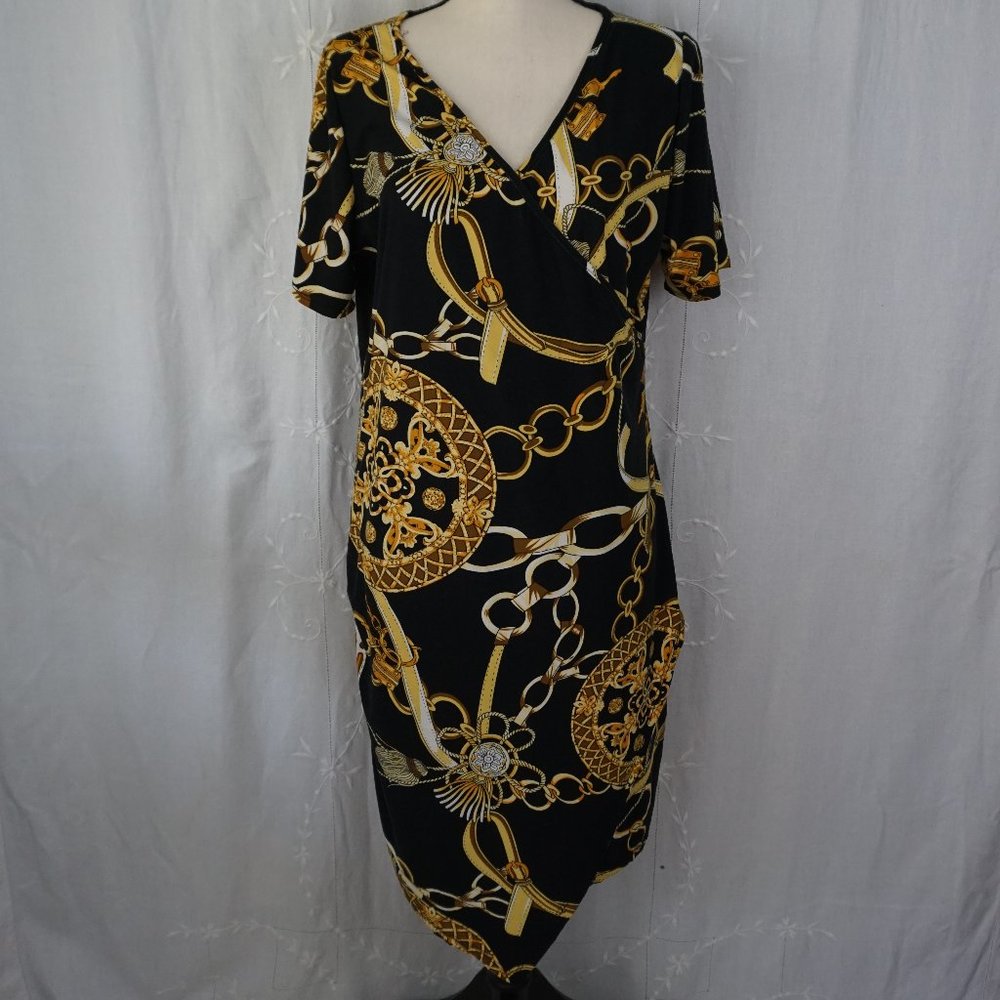 MOA collection Faux Wrap Black & Gold Chain Dress